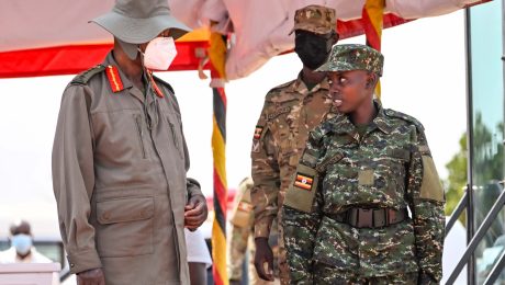One of the best performing UPDF recruits shares a photo moment with President Museveni during the passout at Kaweweta on Thursday. PPU Photo